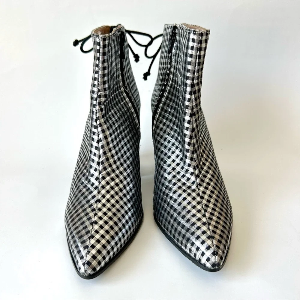 Anthropologie Metallic Check Pointed Toe Ankle Boot Silver Black Block Heel 36 - Picture 3 of 11
